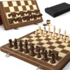 Premium Natural Walnut 15″ Magnetic Wooden Folding Chess & Checkers Set- 2 in 1 Board Game with 3″ King Staunton Pieces and 2 Extra Queens, Checkers, and Dust-Proof Storage Bag (Red)