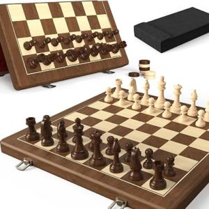 Premium Natural Walnut 15″ Magnetic Wooden Folding Chess & Checkers Set- 2 in 1 Board Game with 3″ King Staunton Pieces and 2 Extra Queens, Checkers, and Dust-Proof Storage Bag (Red)