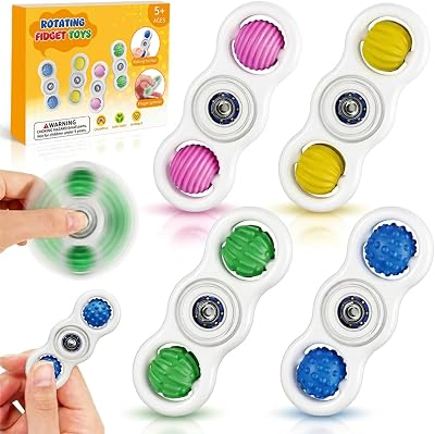 Sensory Fidget Toys for Kids: 4 Pack 2-in-1 Silicone Quiet Fidget Spinner with Textured Sensory Balls for Kids & Adults, Stress Toys for Autism ADHD Anxiety, No Noise for Classroom Office