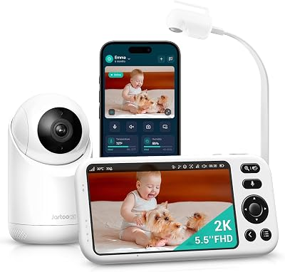 Jartoo Smart Baby Monitor with 2K Camera & Mount, 2000ft Long Range, 5.5" Screen, Hybrid Wi-Fi and No Wi-Fi Connection, AI-Powered Detection, Free App & 24/7 Recording, ANR