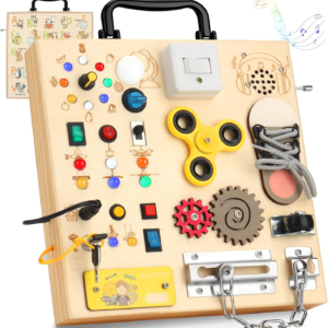 AMGAMGTS Wooden Montessori Busy Board with 17 LED Lights for Toddlers