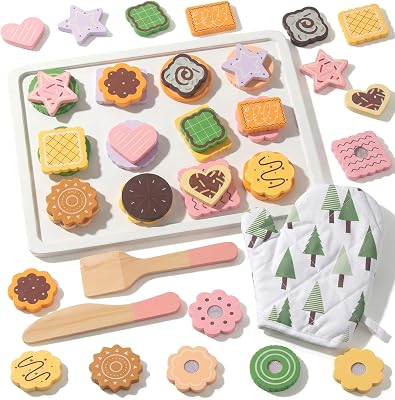 Slice and Bake Wooden Cookie Play Food Set for Kids, Kitchen Toys Food Accessories for Toddlers, Pretend Play Baking Set for 3 4 5 Years Old Girls Boys Birthday Gifts (Nomal Green)
