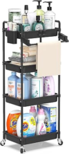 SPACEKEEPER Rolling Storage Cart, 4-Tier Bathroom Organizer Utility Cart Laundry Room Organization Mobile Shelving Unit with Towel Rack, Lockable Wheel, Hooks & Cup for Kitchen Bedroom Office, Black
