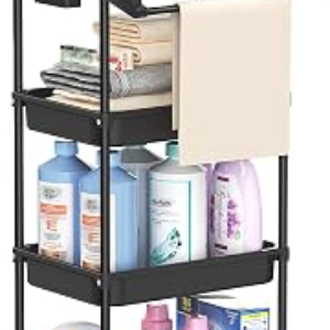SPACEKEEPER Rolling Storage Cart, 4-Tier Bathroom Organizer Utility Cart Laundry Room Organization Mobile Shelving Unit with Towel Rack, Lockable Wheel, Hooks & Cup for Kitchen Bedroom Office, Black