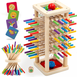 Nene Toys BALLFALL – Montessori Wooden Board Game for Kids Ages 3-9 – Educational Toy for Fine Motor Skills & Logical Thinking – Classic Family Tower Game with Colorful Sticks, Dice & Cards