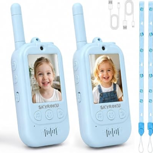 2 Walkie Talkies for Kids, Video Call Toys, Gifts for Boys Girls Age 4-10 | SKYROKU, 4 Costumes, 4 Voice Changers, Large Screen, Video or Audio Mode, Lanyards, 1600ft Range, Rechargeable, Auto-Pair
