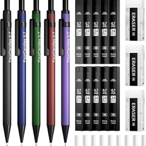 Four Candies Metal Mechanical Pencils 0.7mm, with #2 Pencil Leads 0.7, Eraser Set and Eraser Refills, 19-Count Pack with Case, Back to School Supplies for Writing, Drawing, Sketching