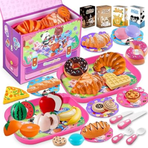 Drefirsa Girl Play Food-Kitchen Food Toys, Plastic Play Food for Toddlers with Pink Picnic Case, Cutting Fruit, Bread, Plate, Learning Educational Toy for 2 3 4 5 6 Year Old Girl Birthday Gift