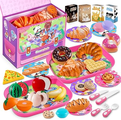 Drefirsa Girl Play Food-Kitchen Food Toys, Plastic Play Food for Toddlers with Pink Picnic Case, Cutting Fruit, Bread, Plate, Learning Educational Toy for 2 3 4 5 6 Year Old Girl Birthday Gift