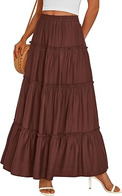 PRETTYGARDEN Womens Boho Tiered Ruffle Flowy Maxi Skirt