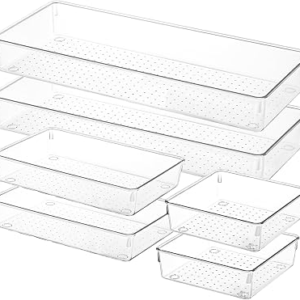 Voova 6 Pack Plastic Drawer Organizers Set,3-Size Kitchen and Office Desk Drawer Organizer Trays, Acrylic Non Slip Storage Bin Divider for Makeup,Jewelry,Gadgets Utensils,Bedroom,Bathroom Vanity,Clear