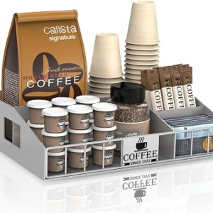 Coffee Station Organizer with 4 Compartments, K Cup Holder Storage Basket for Coffee Pods, Cups, Condiments, Sturdy Countertop Organizer for Kitchen Office Desktop Coffee Bar Accessories Metal Silver
