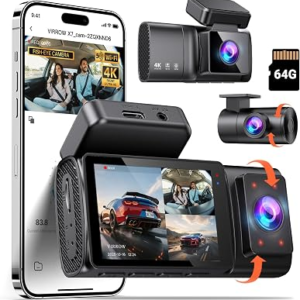 3 Channel Dash Cam: 4K+1080P+1080P-Dash Cam Front and Rear Inside with Free 64GB Card & 5GHz WiFi – Dash Camera for Cars with IR Night Vision APP Control Parking Mode G-Sensor Loop Recording(X7)