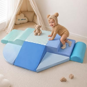 BlueWood Baby Foam Climbing Blocks, 7-Piece Soft Play Set with High-Density Foam, Anti-Slip Climbing Blocks for Toddlers 1-3, Toddler Climbing Toys Indoor for Crawling & Sliding (Blue)