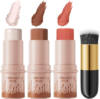 3Pcs Cream Contour Sticks Kit, Highlighter Stick Blush Stick Cream Contour Kit Makeup Set with Brush,Face Brightens & Shades Contour Stick Waterproof for Women Girls(9507-01-05-12, C)