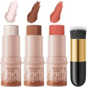 3Pcs Cream Contour Sticks Kit, Highlighter Stick Blush Stick Cream Contour Kit Makeup Set with Brush,Face Brightens & Shades Contour Stick Waterproof for Women Girls(9507-01-05-12, C)
