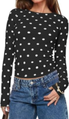 UNCLECAT Womens Polka Dot Long Sleeve Crop Top