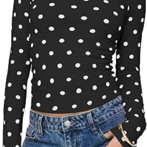 UNCLECAT Womens Polka Dot Long Sleeve Crop Top