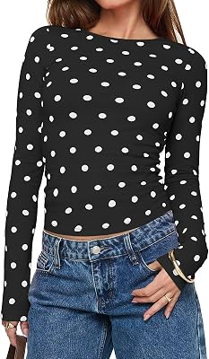 UNCLECAT Womens Polka Dot Long Sleeve Crop Top