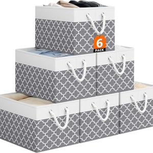 StorageTastic Storage Bin,Collapsible Storage Basket For Organizing,Large Storage Boxes With Rope Handles,Storage Containers,Clover Grey,6 Pack