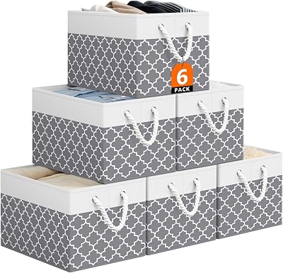 StorageTastic Storage Bin,Collapsible Storage Basket For Organizing,Large Storage Boxes With Rope Handles,Storage Containers,Clover Grey,6 Pack