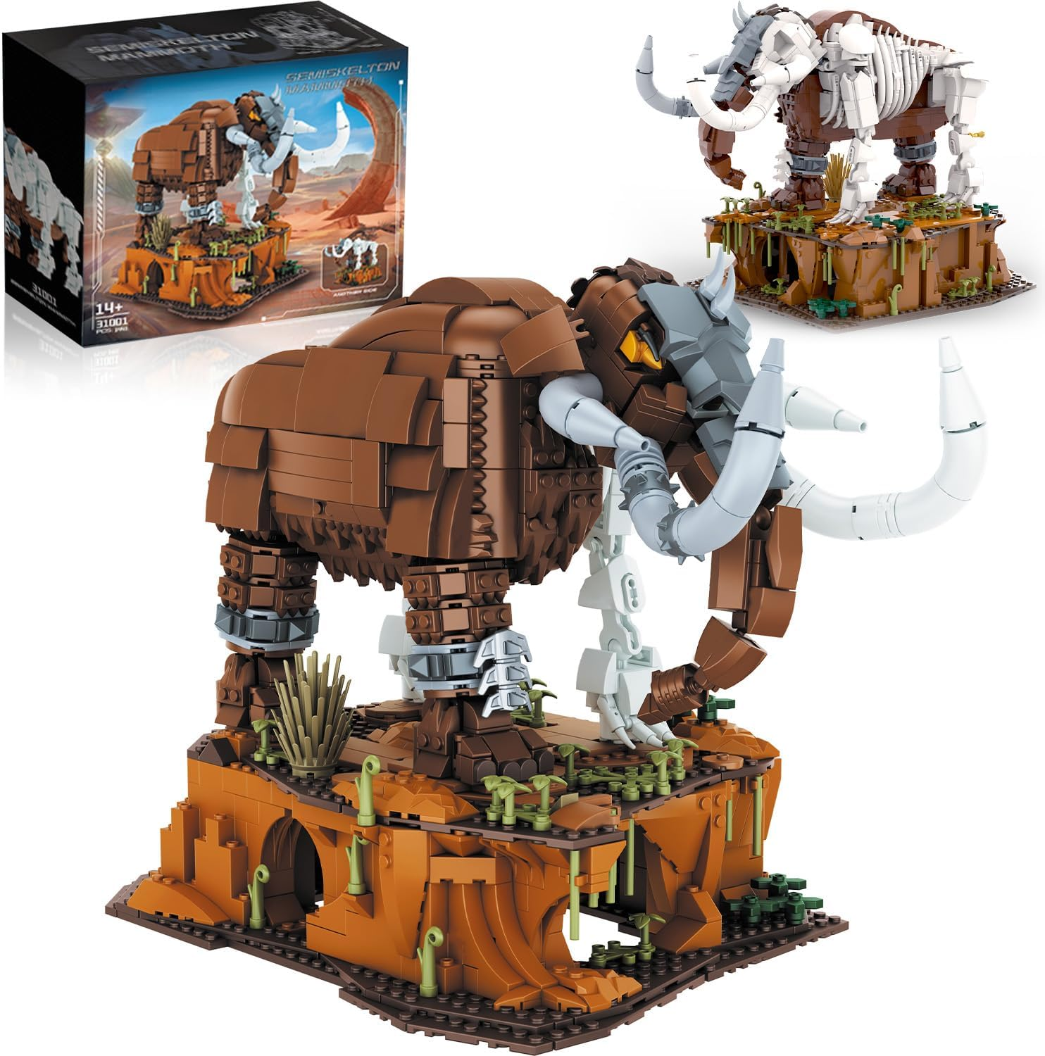 Huge Mammoth Fossil Building Kit with Habitat Base, Elephant Crossing Toys Compatible with Lego Animal Dinosaur Sets,Birthday Gift for Adults & Kids Aged 14+, 1310 PCS