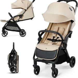 Kinderkraft APINO Lightweight Auto Folding Stroller, Compact Travel Baby Stroller for Newborn to Toddler, Reclining Seat, 5-Point Harness, Beige
