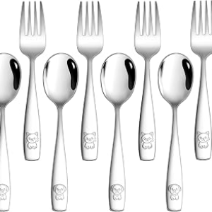 LIANYU 10 Pieces Toddler Silverware Set, Stainless Steel Kids Silverware Set, Metal Baby Utensils with Small Toddler Forks and Spoons, Children Safe Flatware with Cute Pattern, Dishwasher Safe