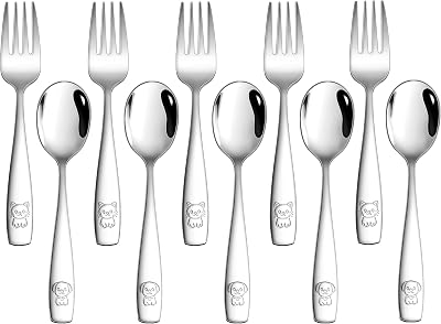 LIANYU 10 Pieces Toddler Silverware Set, Stainless Steel Kids Silverware Set, Metal Baby Utensils with Small Toddler Forks and Spoons, Children Safe Flatware with Cute Pattern, Dishwasher Safe