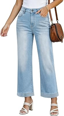 BISUAL Womens Rhinestone Wide Leg Jeans