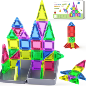 Mini Magnetic Tiles 40PCS Travel Essentials with Metal Tin Case, Preschool Classroom Must Haves Non-Toxic STEM Building Blocks for Kids Age 3+, Montessori Sensory Toys Boys Girls Toddler Birthday Gift