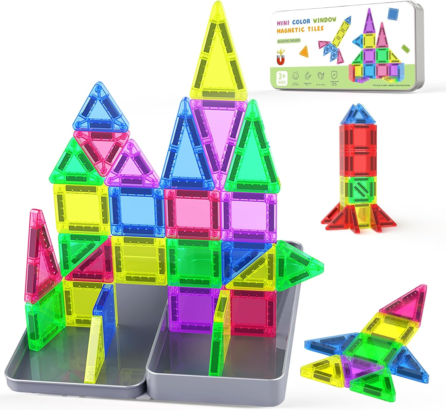 Mini Magnetic Tiles 40PCS Travel Essentials with Metal Tin Case, Preschool Classroom Must Haves Non-Toxic STEM Building Blocks for Kids Age 3+, Montessori Sensory Toys Boys Girls Toddler Birthday Gift