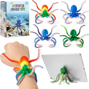 Octopus Fidget Toy – Sensory Stress Relief Toy with Suction Cups for Kids Teens and Adults – Bendable Tentacles Squishy Toy for Anxiety Relief (2 Pcs-Camoblue&Rainbow)