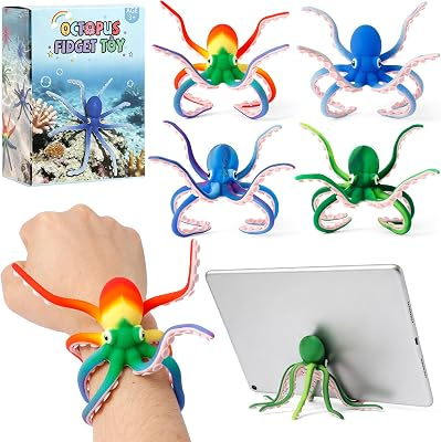 Octopus Fidget Toy - Sensory Stress Relief Toy with Suction Cups for Kids Teens and Adults - Bendable Tentacles Squishy Toy for Anxiety Relief (2 Pcs-Camoblue&Rainbow)