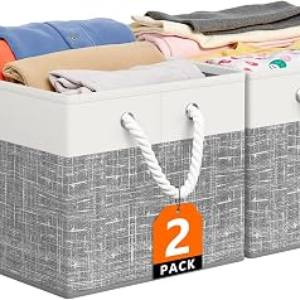 StorageTastic Storage Bin,Collapsible Storage Basket For Organizing,Large Storage Boxes With Rope Handles,Storage Containers,White & Grey,2 Pack
