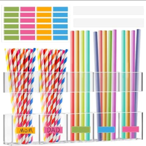 Straw Holder for Cabinet Door – 9.5” Acrylic Straw Organizer with Adhesive Tape & Stickers, Transparent Straws Storage Container for Cabinet, Straws Dispenser for Counter Cupboard Home Kitchen Cafe