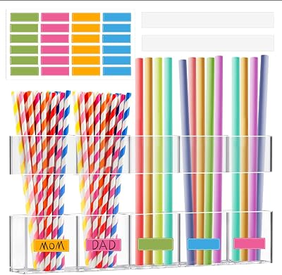 Straw Holder for Cabinet Door - 9.5'' Acrylic Straw Organizer with Adhesive Tape & Stickers, Transparent Straws Storage Container for Cabinet, Straws Dispenser for Counter Cupboard Home Kitchen Cafe