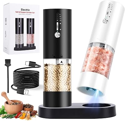 Hxro Electric Salt and Pepper Grinder, 120ml Capacity, 4 Level Timer, Salt and Pepper Mill with LED, USB Rechargeable, Adjustable Coarseness Grinder for Kitchen (2, Black&White Set)