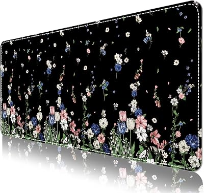 DINKY Leather Desk Protector Mouse Pad, Large Keyboard Mat, Non-Slip PVC Leather Blotter, Black Laptop Pad, Waterproof Writing Pad for Office Home 35.4" x 15.7", Flower Rain