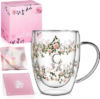 Initial Glass Cup for Women, 12oz Rose Double Walled Glass Coffee Mugs, Personalized Gifts for Women, Initial Coffee Tea Mug with Scarf, Birthday Gifts for Mom Friend (ROSE-C)