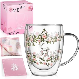Initial Glass Cup for Women, 12oz Rose Double Walled Glass Coffee Mugs, Personalized Gifts for Women, Initial Coffee Tea Mug with Scarf, Birthday Gifts for Mom Friend (ROSE-C)