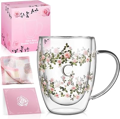 Initial Glass Cup for Women, 12oz Rose Double Walled Glass Coffee Mugs, Personalized Gifts for Women, Initial Coffee Tea Mug with Scarf, Birthday Gifts for Mom Friend (ROSE-C)