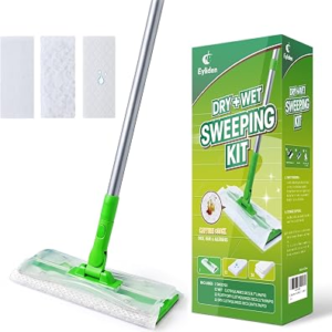 Eyliden Sweeper Mop with 36 Refills – 3 Types of Disposable Dry & Wet Cloths | Lock-Tight Design No Lost Pads, Universal Refills, Multi-Surface Sweeping Starter Kit for Pet Hair, Dust, Floor Cleaning