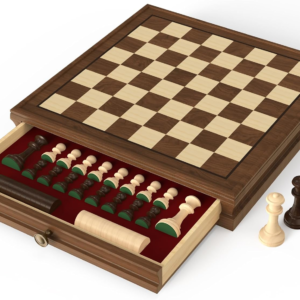 Premium Natural Walnut 13″ x 13″ Magnetic Wooden Chess Set with 1 Built-in Storage Drawers – 2 Bonus Extra Queens – 24 Checkers Pieces – Staunton Chess Pieces, Board Games Chess Sets