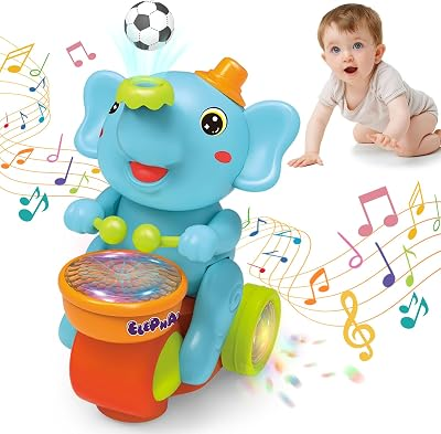 ARHEQI Baby Elephant Musical Crawling Toy with Lights, Sounds, Blowing Ball, Infant Sensory Toys, Birthday Gifts for Kids Boy Girl 3 4 5 6 7 8 Years (Blue)