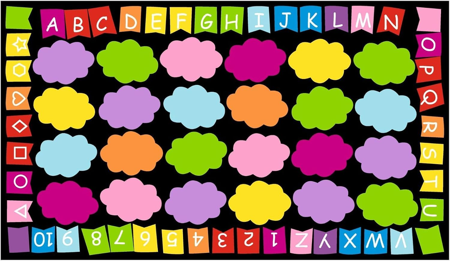 Boooooom Jackson Classroom Rug - 7'6''x13'12'' Rainbow Alphabet Clouds Square Preschool Classroom Carpet, Non-Slip & Stain Resistant, 20X Easy Clean, Thick Nylon Kids Playroom Floor Mat