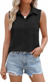 Womens Sleeveless Tank Top Collared Button-Up Shirt