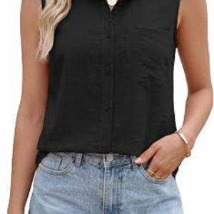 Womens Sleeveless Tank Top Collared Button-Up Shirt