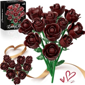 Burgundy Red Rose Bouquet Building Set, Botanical Collection Retro Decor | Artificial Flowers, Vintage Gothic Decor, DIY Building Kit, Home Office Table Centerpiece, Gift for Mom Wife Girlfriend