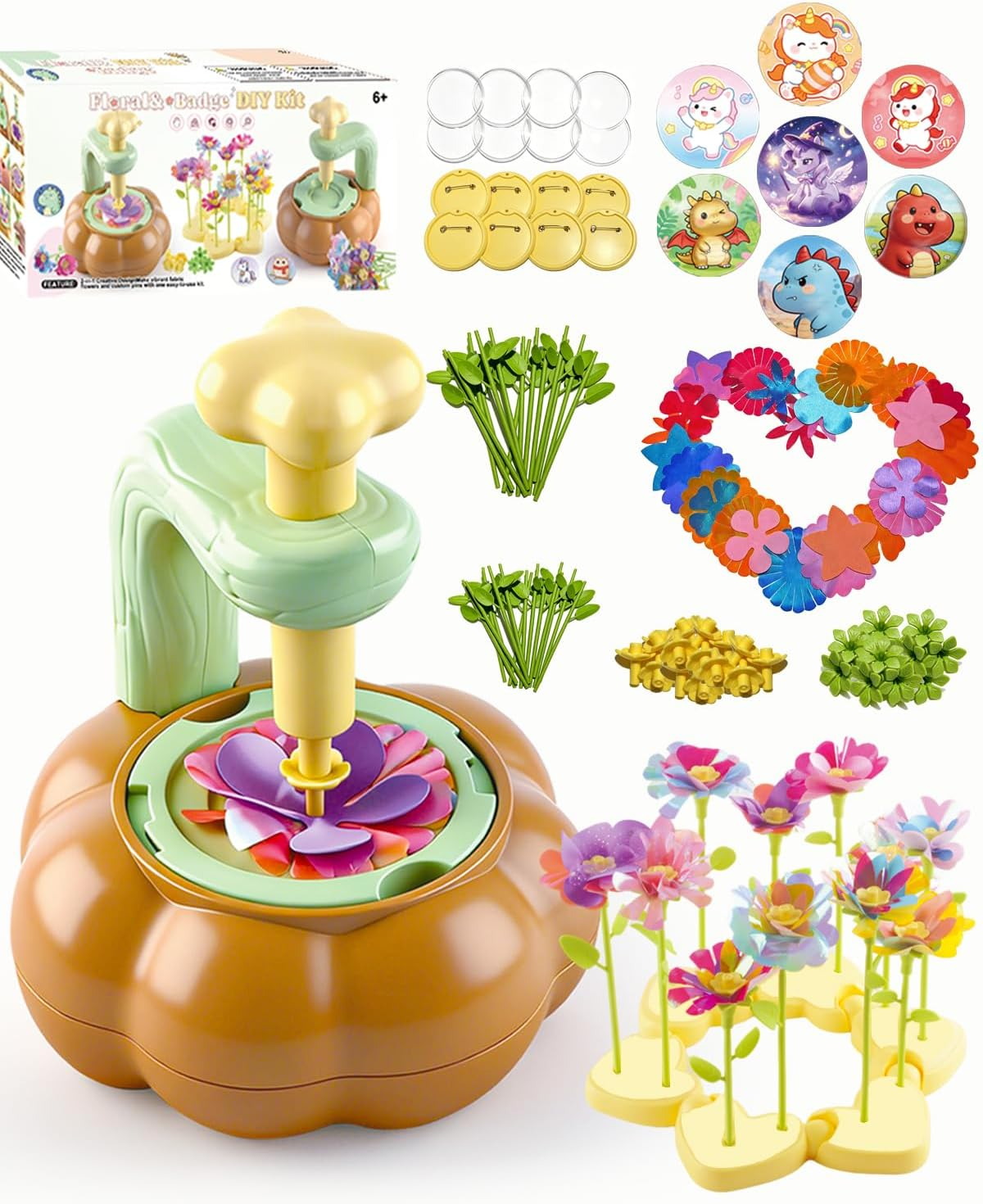 Rainbow World Flower Bouquet Craft Kit for Kids, 2 in 1 DIY Fabric Flower Toys with Button Making Machine, Embossing Press for Arts & Crafts, STEM Screen-Free Activity for 4-8 Year Old Girls Boys